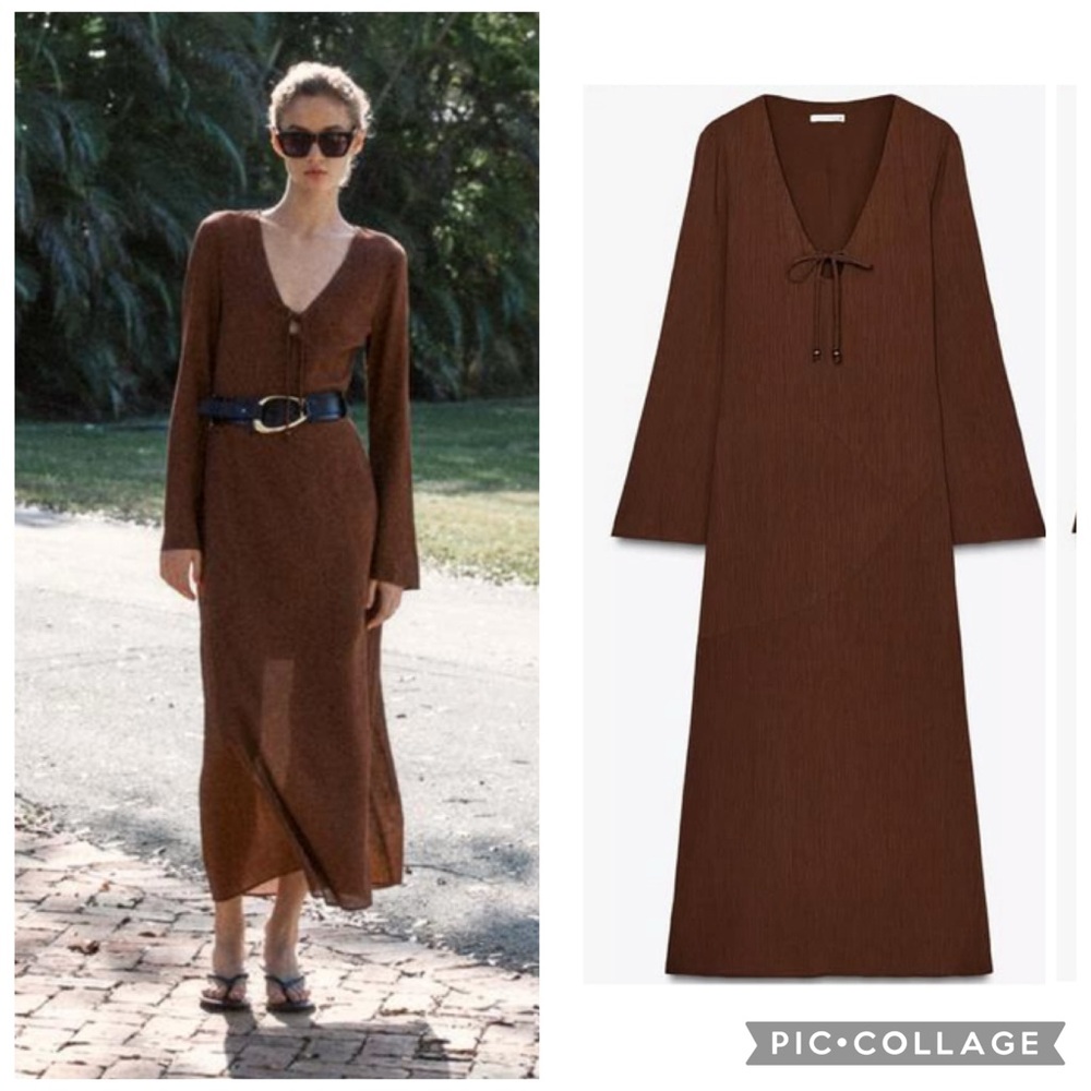 Zara NWT brown v-neck midi dress with bow 3666/066